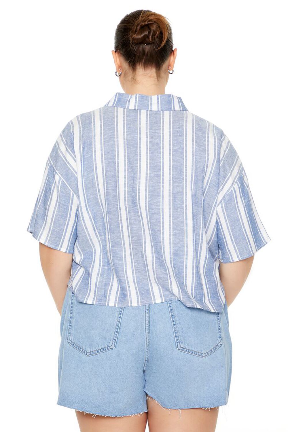 BLUE/WHITE Plus Size Striped Linen-Blend Shirt, image 3