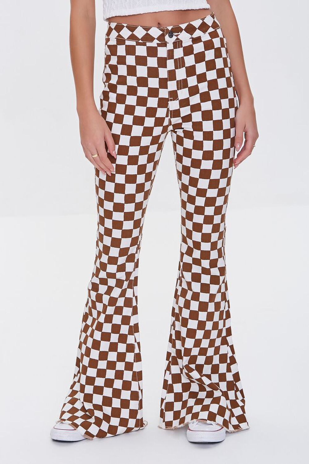 CREAM/BROWN Checkered Flare Jeans, image 2