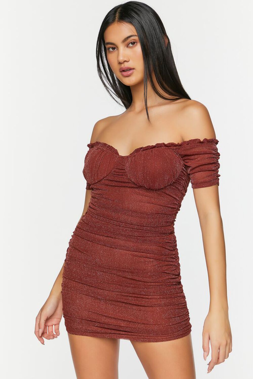 BROWN Glitter Knit Off-the-Shoulder Mini Dress, image 1