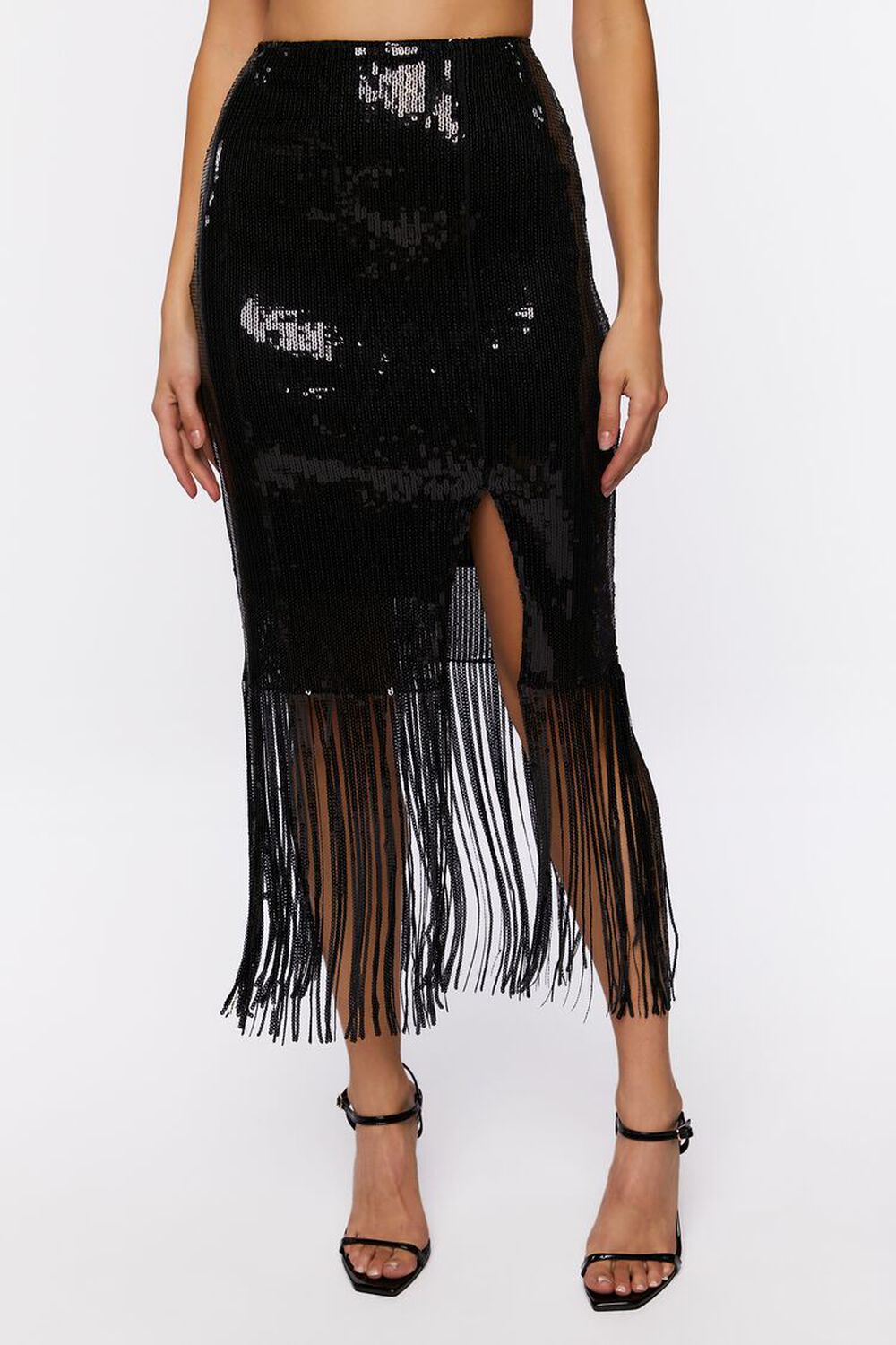 BLACK Sequin Fringe Midi Skirt, image 2