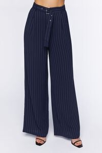 NAVY/WHITE Belted Pinstripe Trousers, image 2