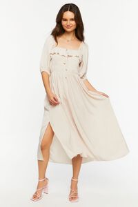TAUPE Shirred Puff-Sleeve Midi Dress, image 1