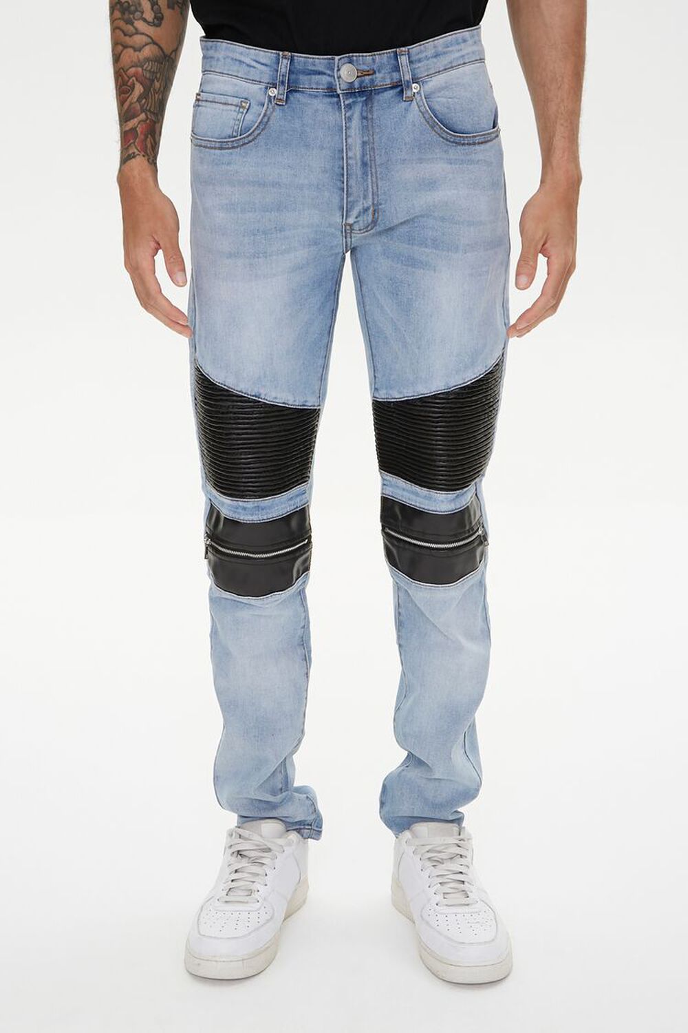 LIGHT DENIM/BLACK Faux Leather & Denim Moto Jeans, image 2