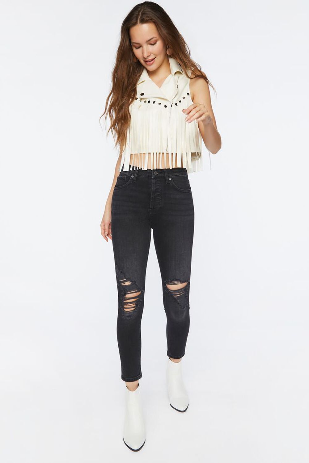 WASHED BLACK Long Distressed High-Rise Jeans, image 1