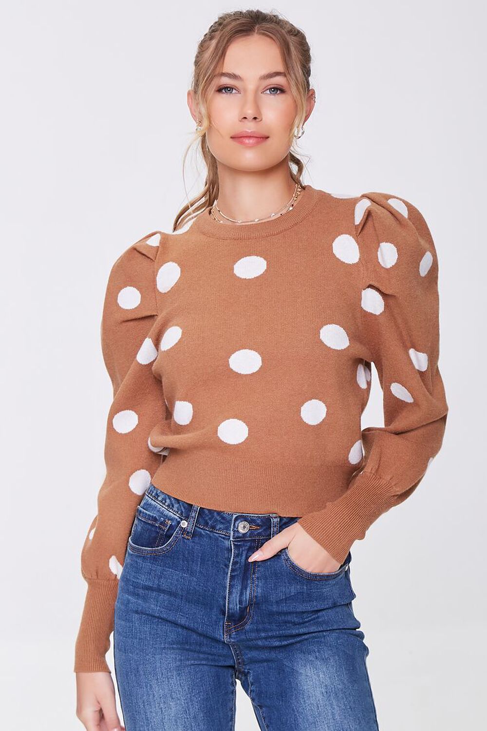 BROWN/IVORY Polka Dot Ruched Sweater, image 1