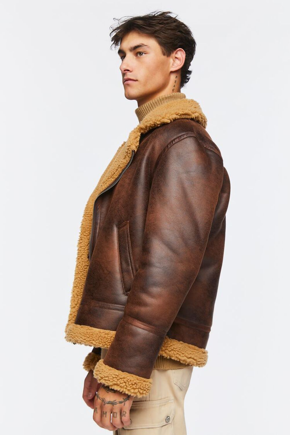 BROWN/TAUPE Faux Shearling Trim Zip-Up Jacket, image 2