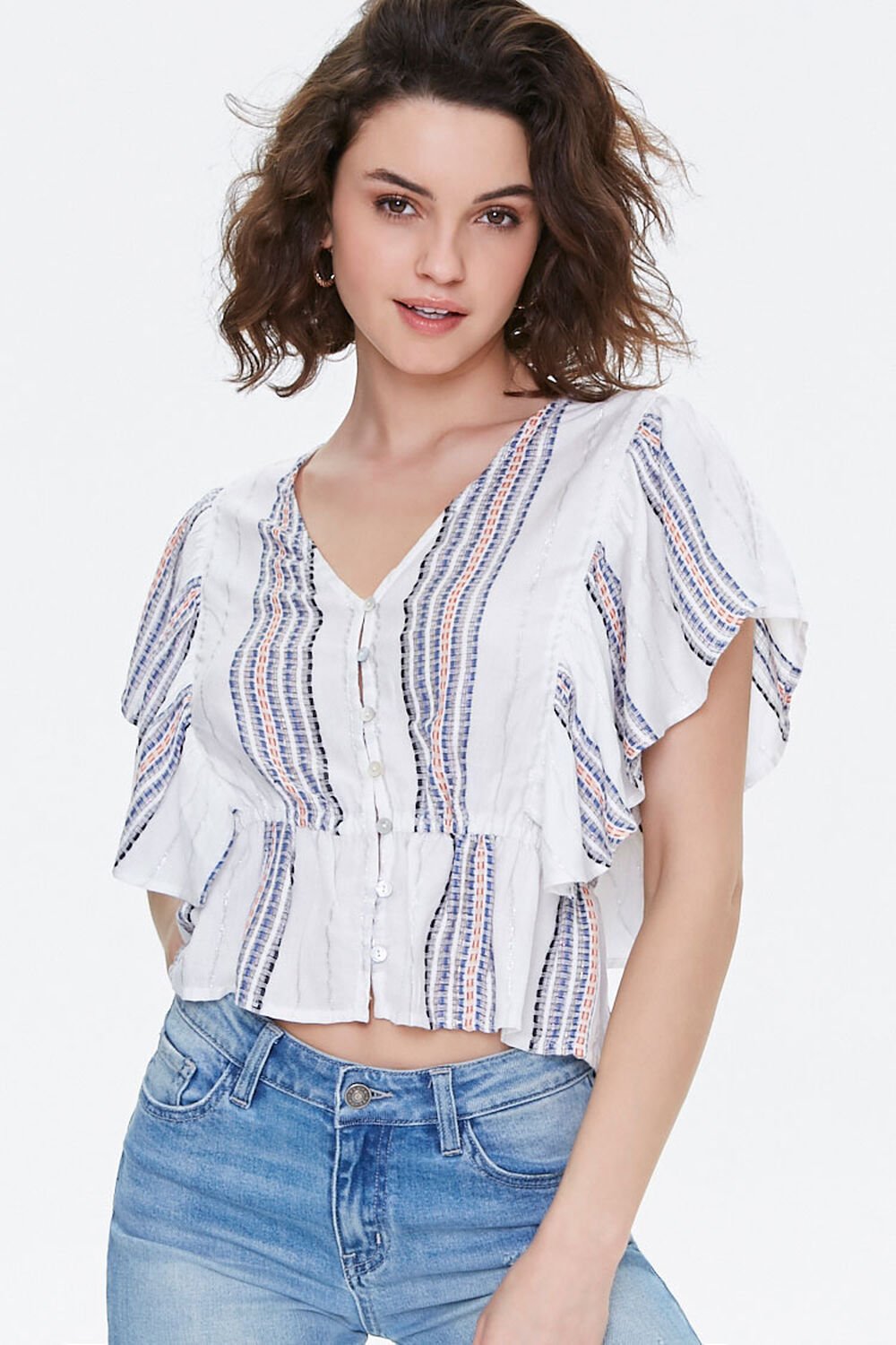 IVORY/MULTI Striped Butterfly Sleeve Buttoned Top, image 1