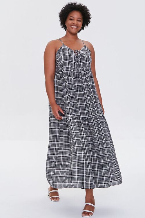 BLACK/CREAM Plus Size Plaid Cami Maxi Dress, image 4