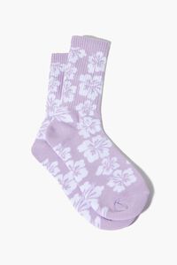 PURPLE/WHITE Men Tropical Floral Crew Socks, image 2