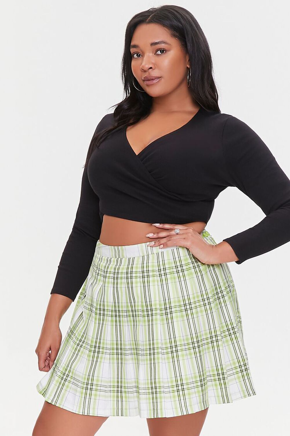 LIME/MULTI Plus Size Pleated Plaid Mini Skirt, image 1