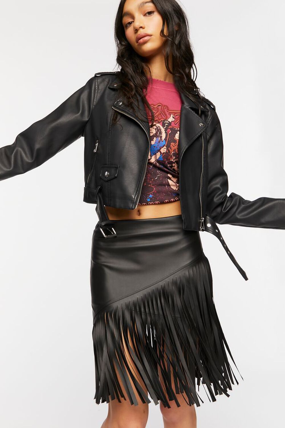 Faux Leather Fringe Midi Skirt, image 1