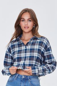 BLUE/BLACK Plaid Cropped Flannel Shirt, image 1
