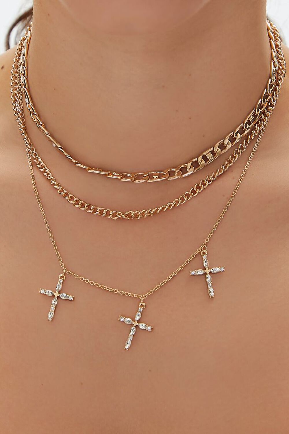 GOLD Faux Gem Cross Chain Necklace Set, image 1