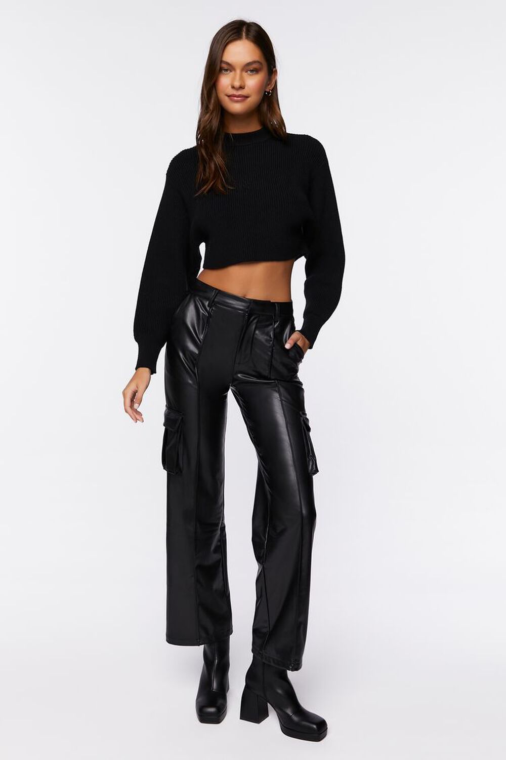 Faux Leather High-Rise Cargo Pants, image 1