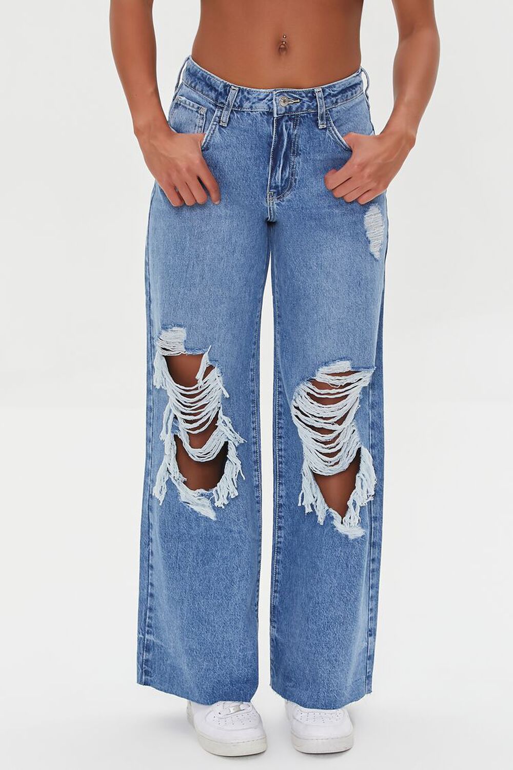 MEDIUM DENIM Wide-Leg Distressed Jeans, image 2