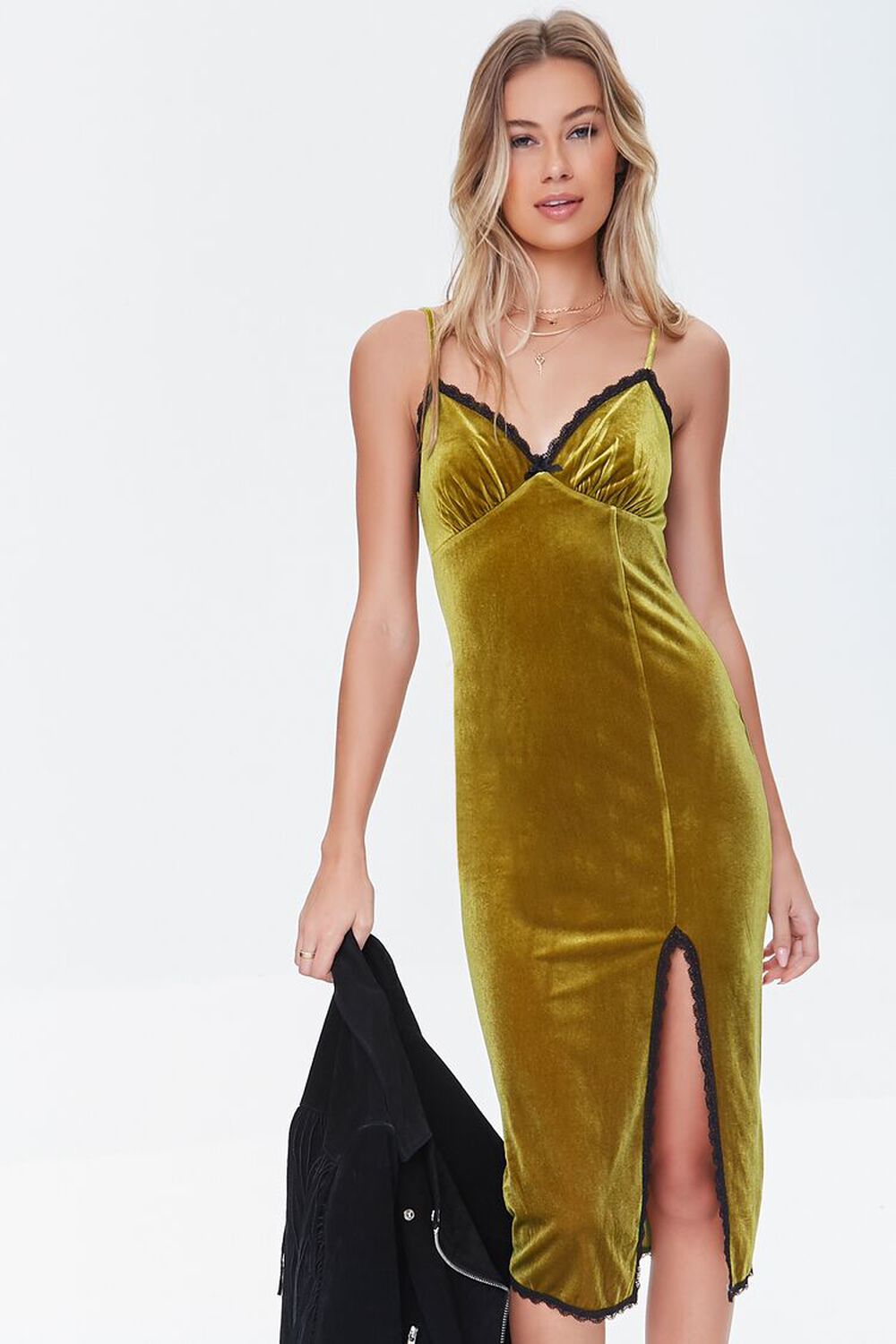 GOLD Velvet Lace-Trim Midi Dress, image 2