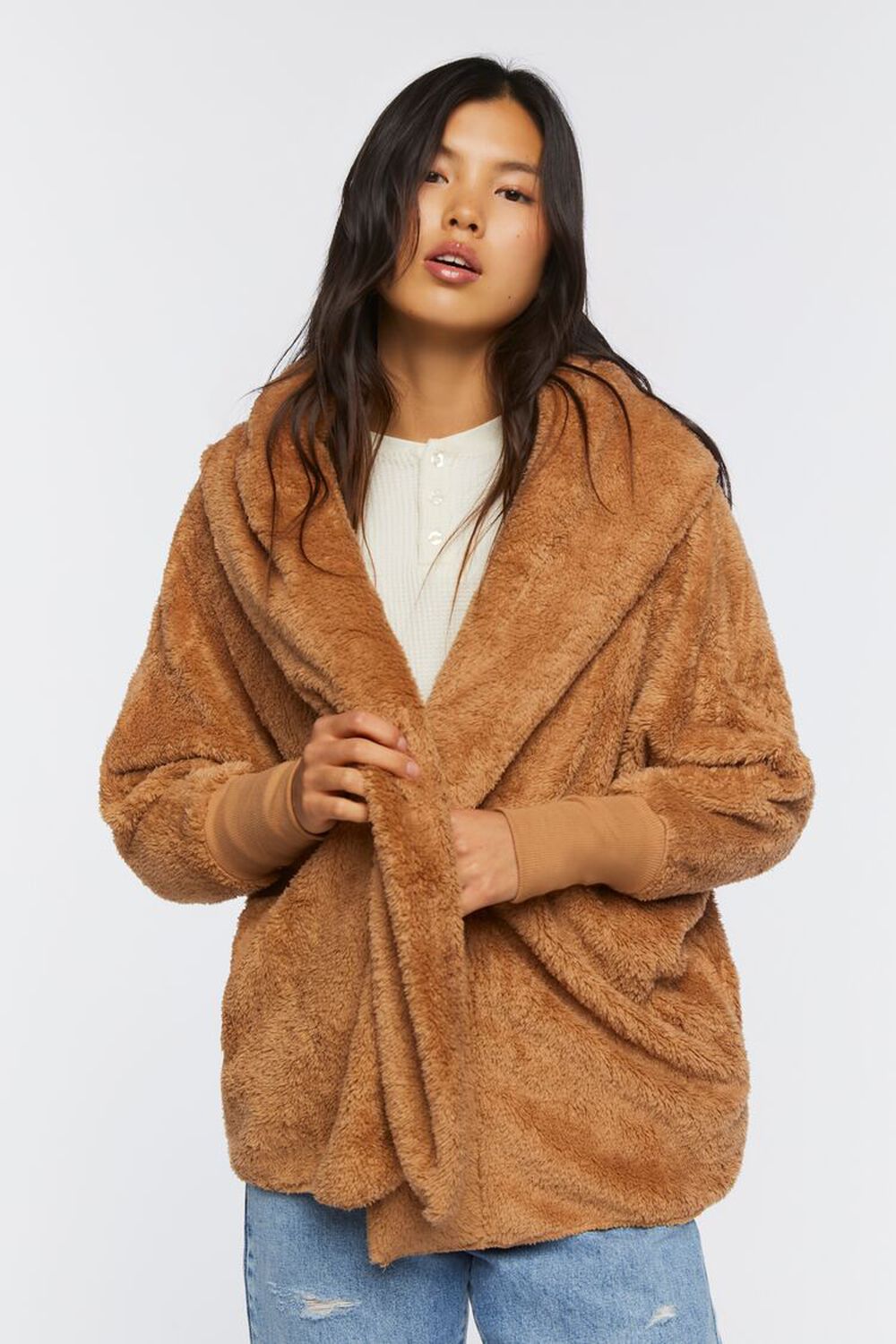 TAUPE Faux Shearling Hooded Jacket, image 1
