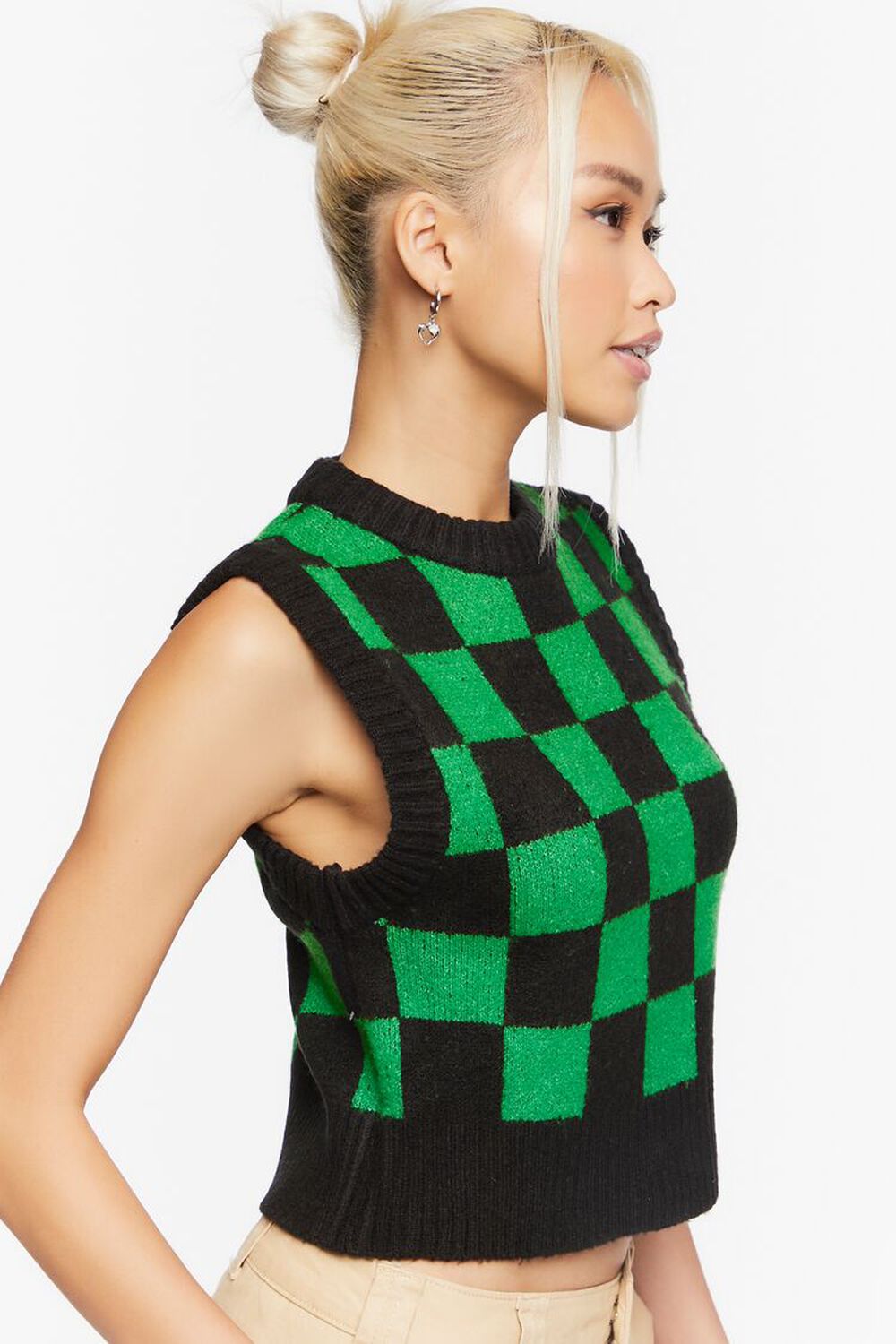 BLACK/GREEN Checkered Cropped Sweater Vest, image 2