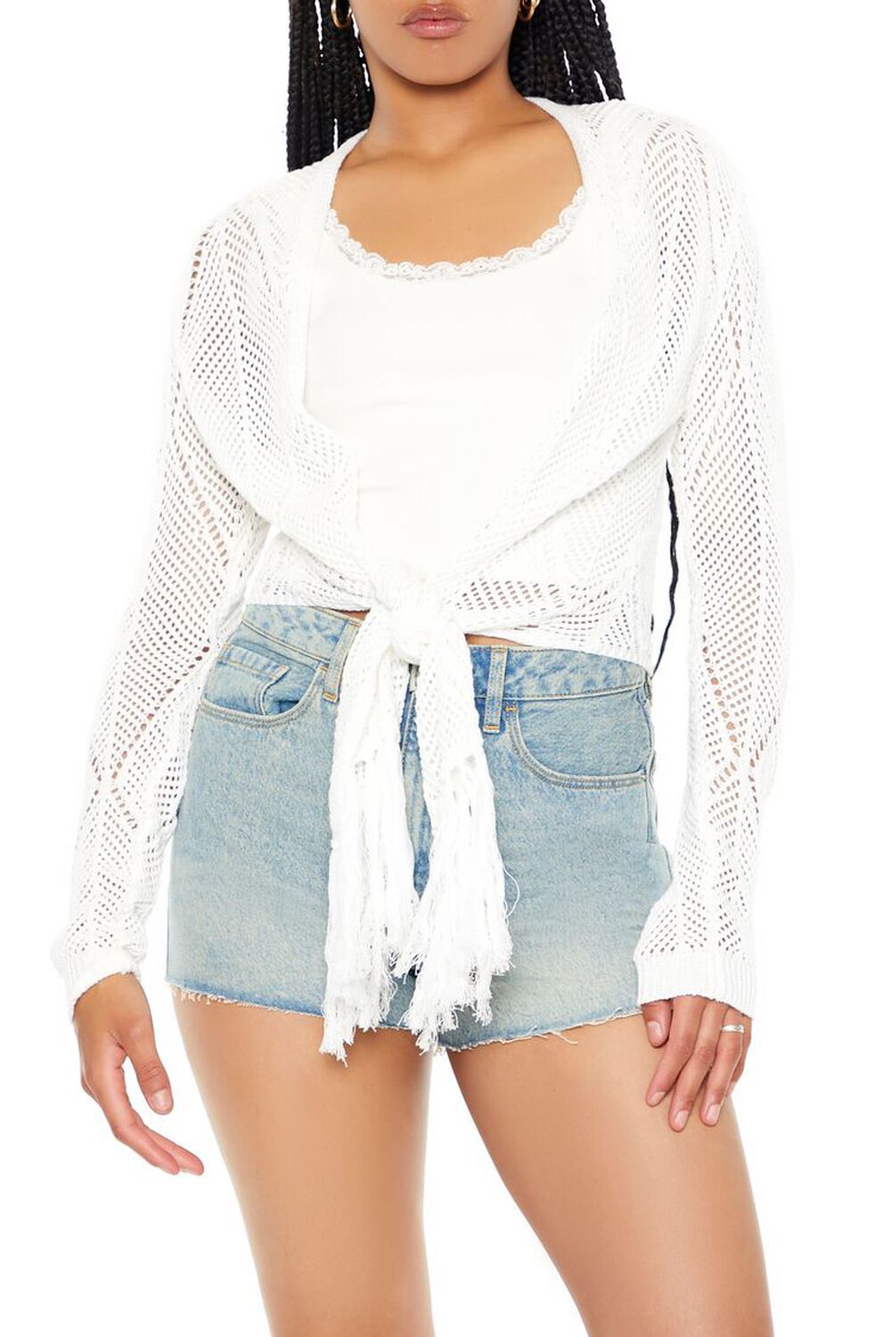 WHITE Open-Knit Tie-Front Sweater, image 1