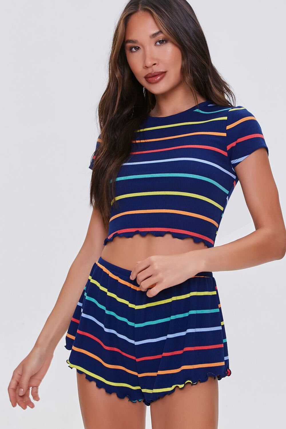 NAVY/MULTI Rainbow Striped Lounge Shorts, image 1