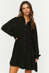 BLACK Long-Sleeve Mini Shirt Dress, image 1