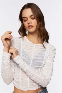 WHITE Ruched Mesh Long-Sleeve Top, image 1