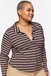BROWN/MULTI Plus Size Striped Ribbed Knit Shirt, image 2