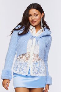 BABY BLUE Faux Fur-Trim Cardigan Sweater, image 1
