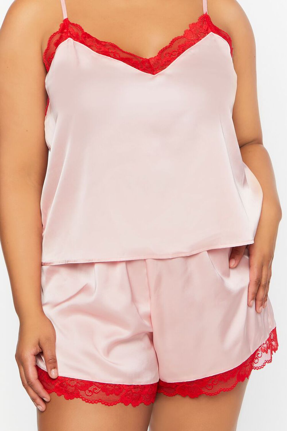Plus Size Lace Trim Slit Cami and Pants Pajama Set - Light Gray / 1XL