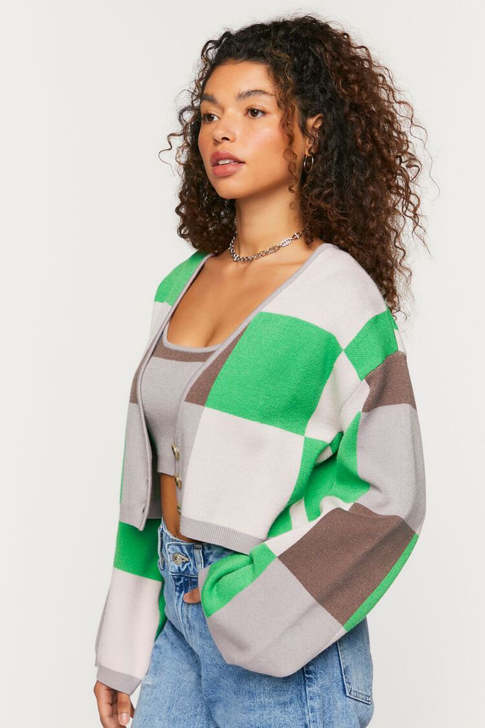 GREEN/SILVER Colorblock Cardigan Sweater, image 2