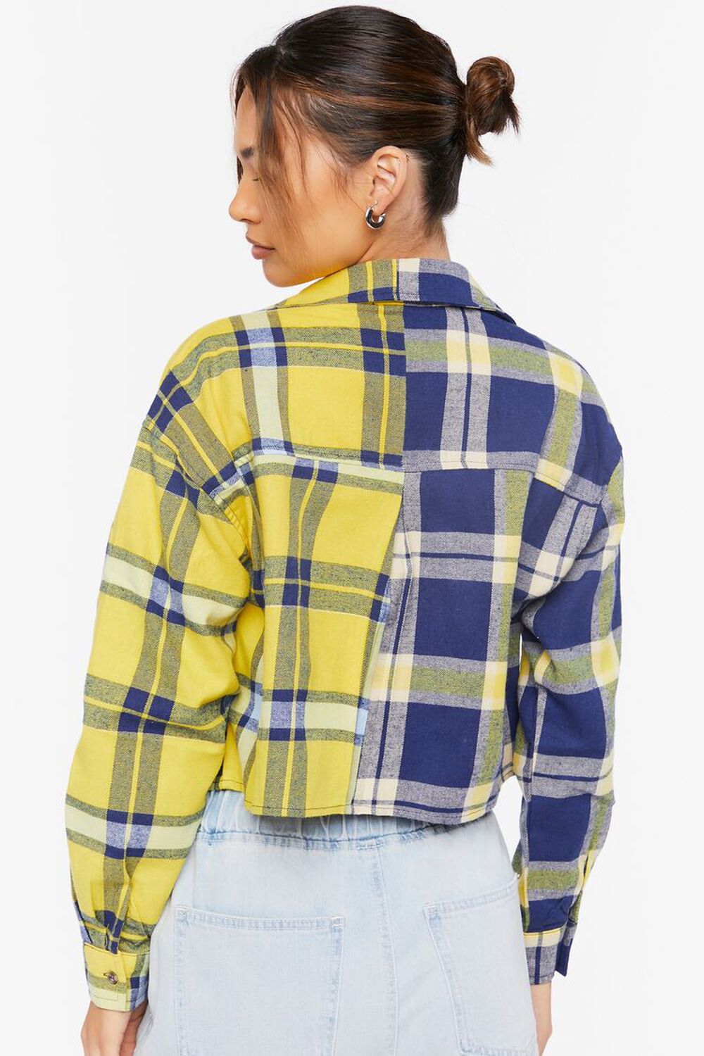 NAVY/GOLD Colorblock Plaid Cropped Shirt, image 3
