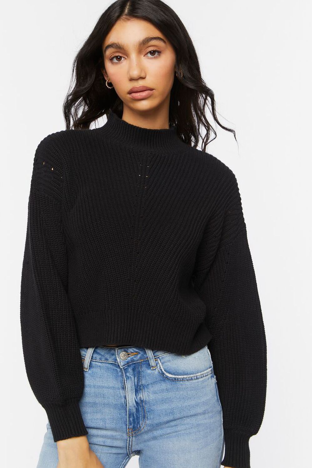 BLACK Pointelle Mock Neck Sweater, image 1