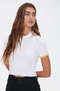 WHITE/MUSTARD Contrast-Trim Ribbed Polo Shirt, image 1