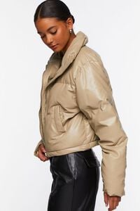 TAUPE Faux Leather Drawstring Puffer Jacket, image 2