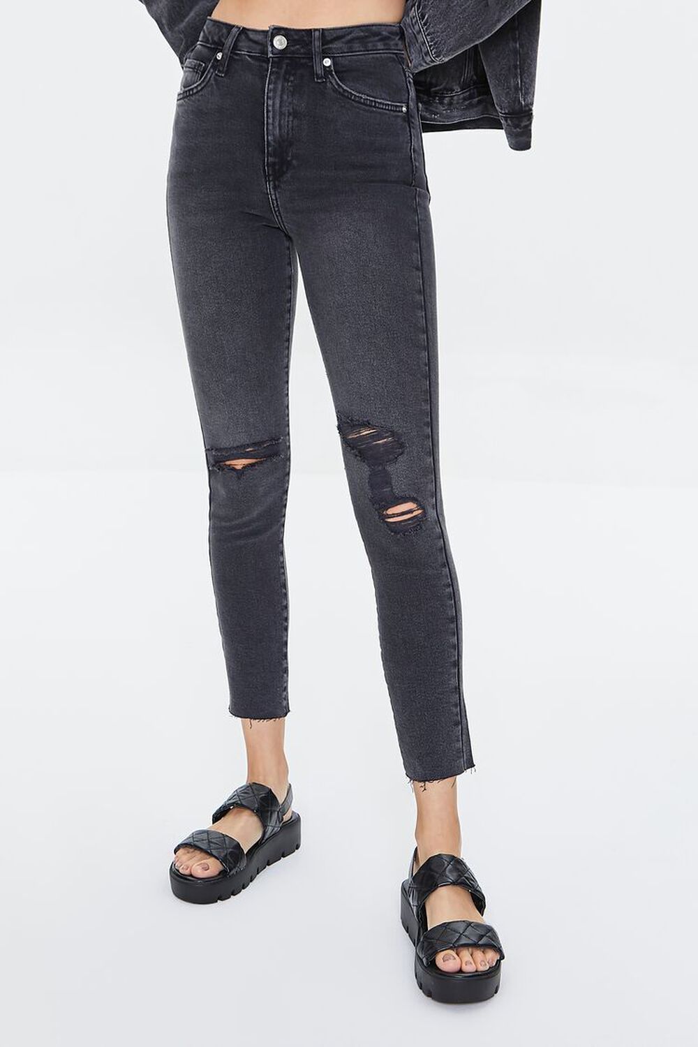 WASHED BLACK Recycled Cotton Distressed Skinny Jeans, image 2