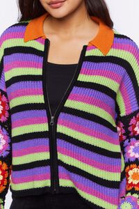 BLACK/MULTI Crochet-Sleeve Striped Zip-Up Sweater, image 6