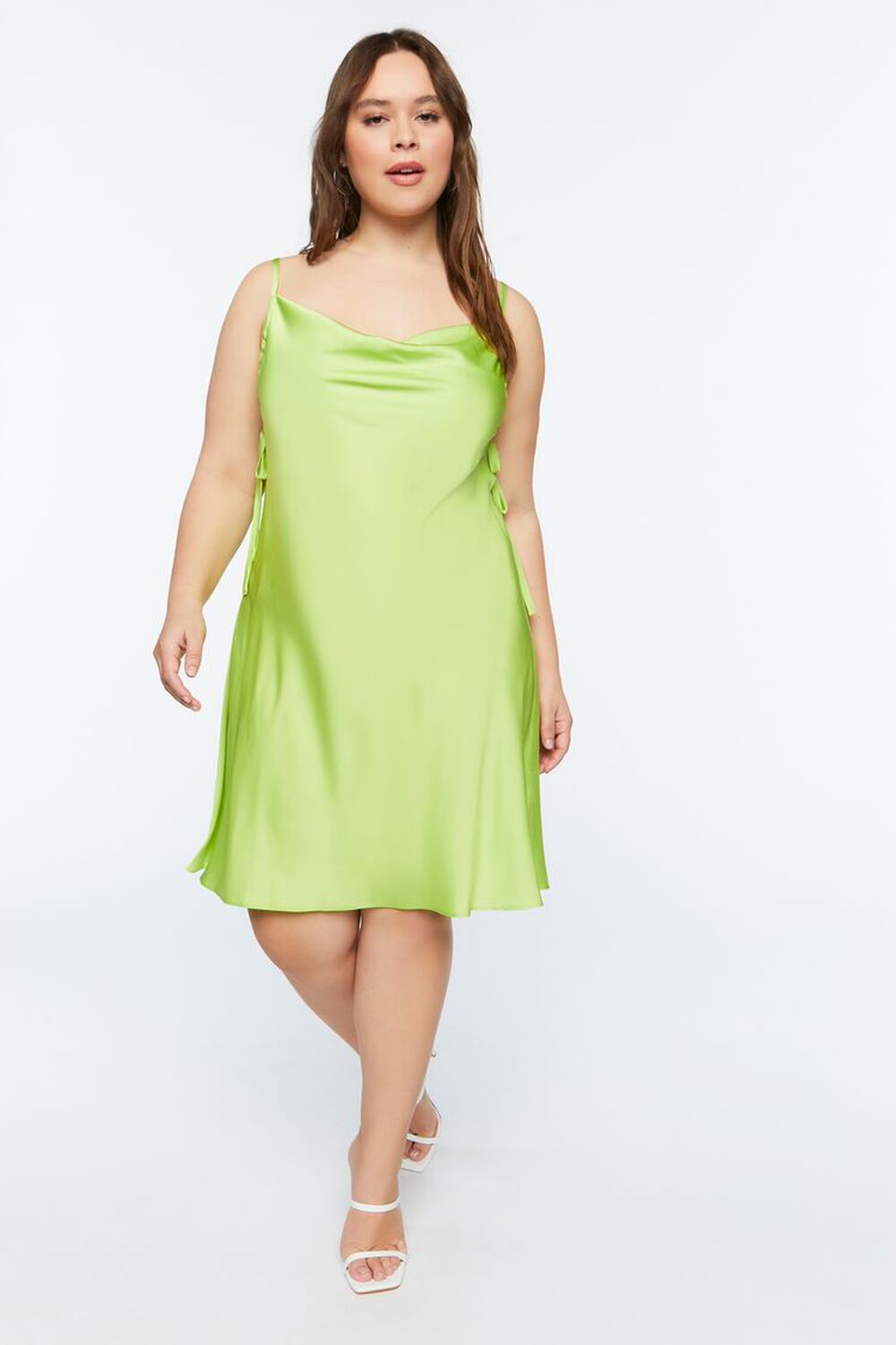 GREEN Plus Size Cowl Neck Satin Slip Dress, image 1
