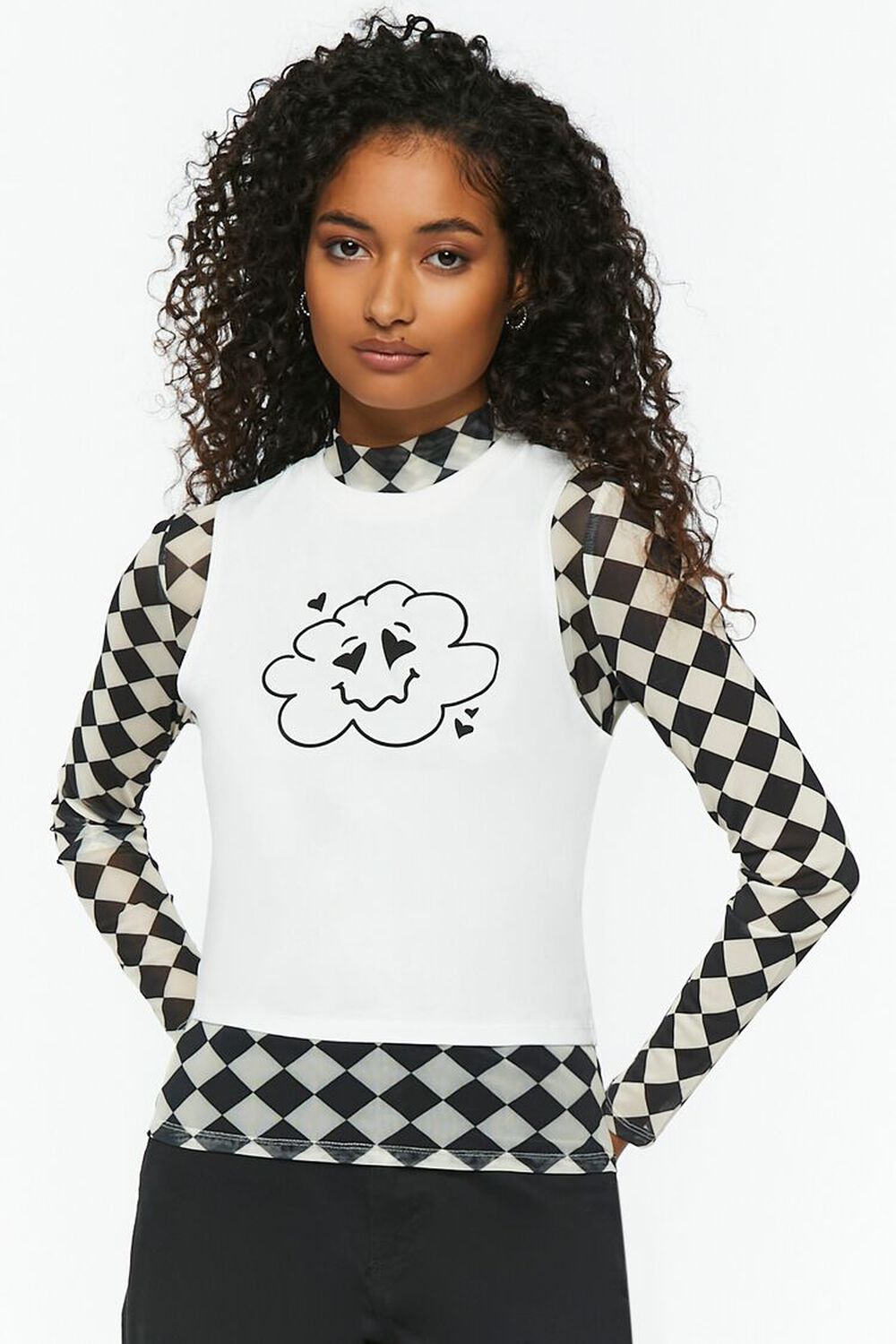 Checkered Print & Cloud Graphic Combo Tee