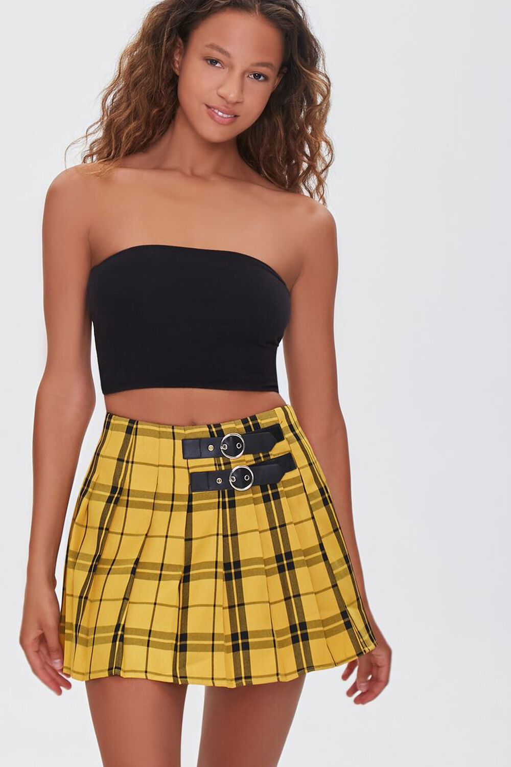 GOLD/BLACK Dual-Buckled Pleated Plaid Skirt, image 1