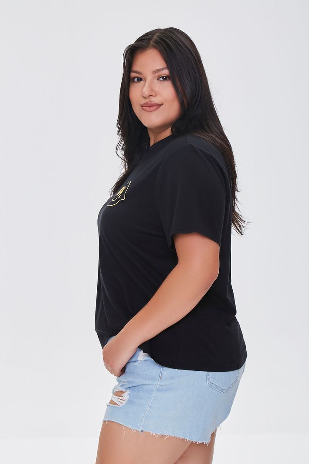 BLACK/YELLOW Plus Size Embroidered Happy Face Tee, image 2