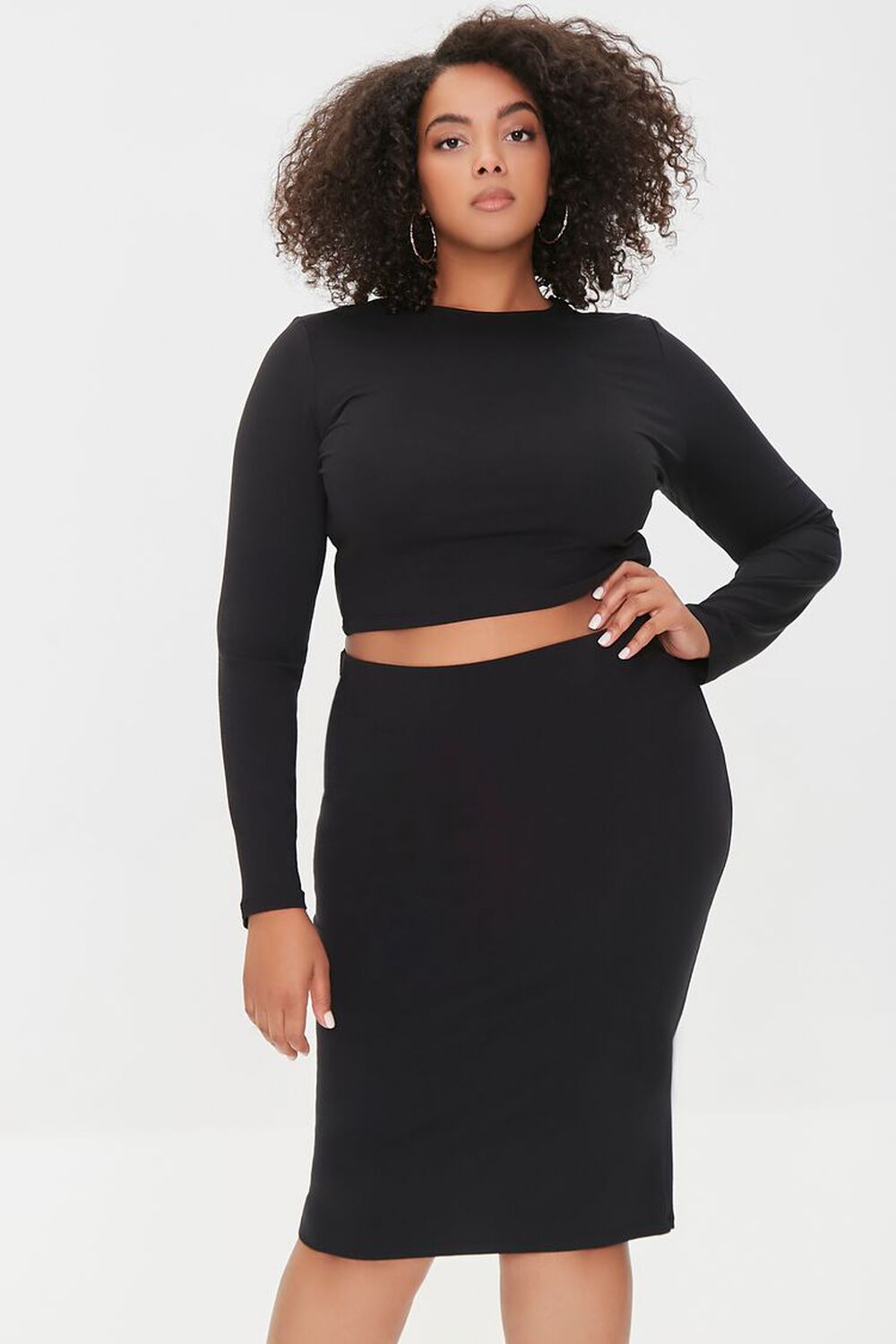 BLACK Plus Size Crop Top & Pencil Skirt Set, image 1