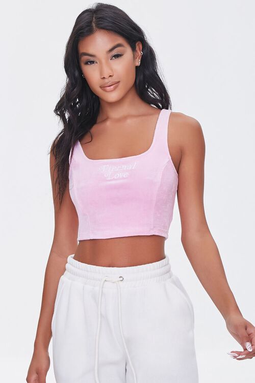 PINK/WHITE Embroidered Eternal Love Velour Crop Top, image 1
