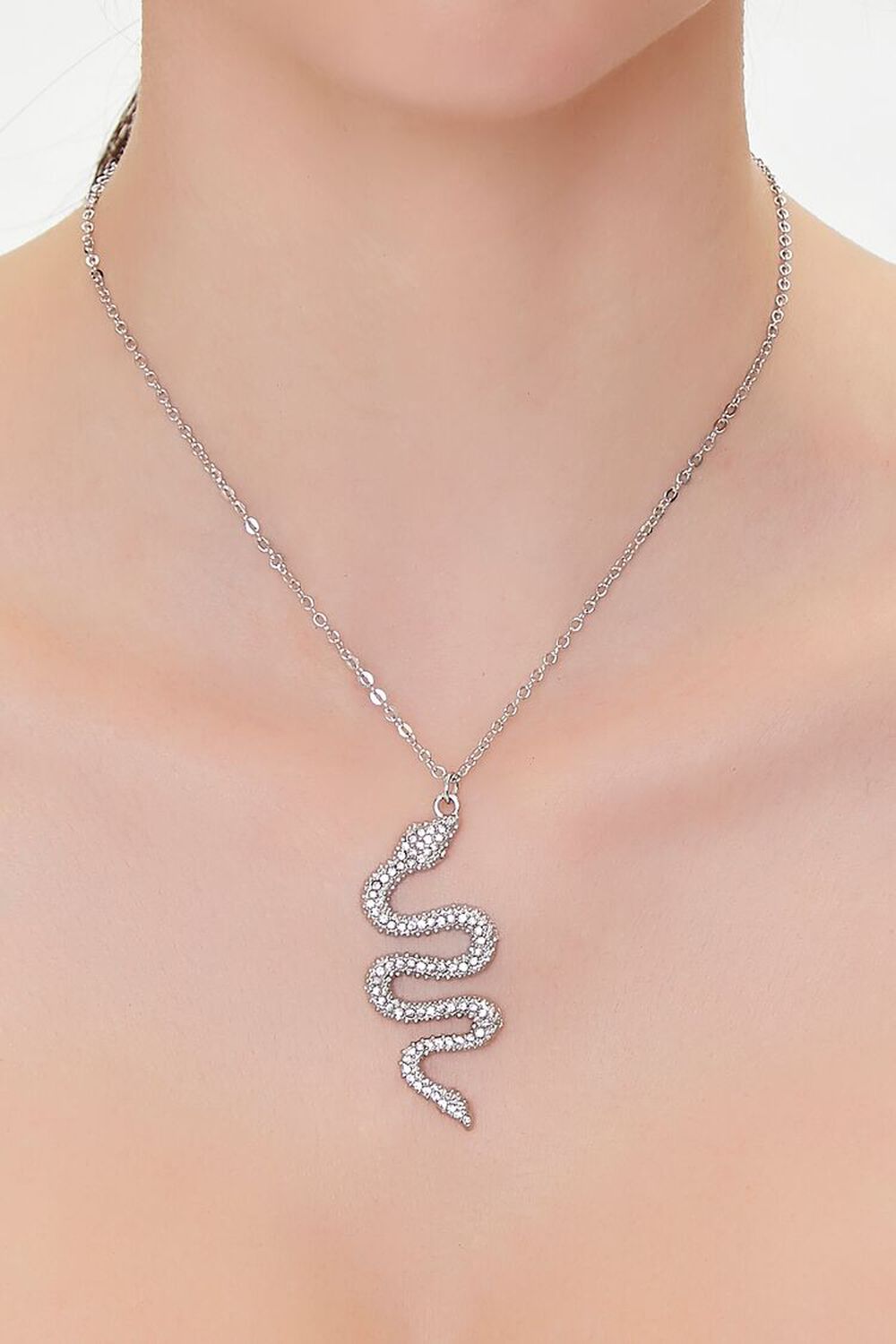 SILVER/CLEAR Rhinestone Snake Pendant Necklace, image 1