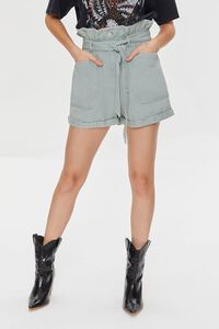 SEAFOAM Belted Paperbag Twill Shorts, image 2