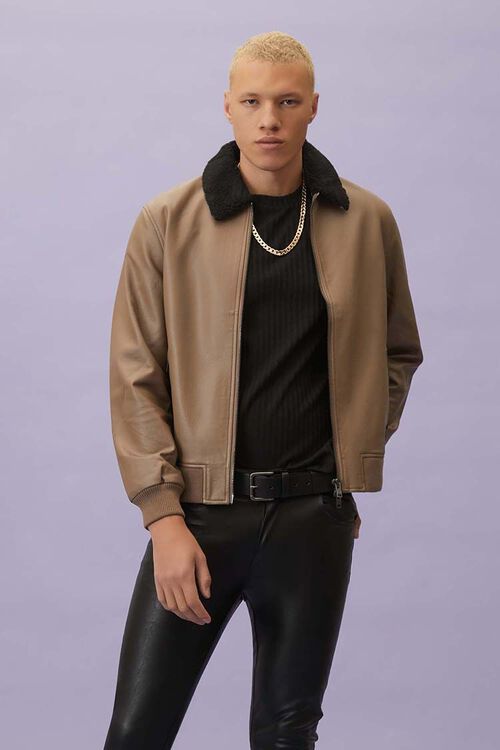DEEP TAUPE/BLACK Faux Leather Zip-Up Jacket, image 1