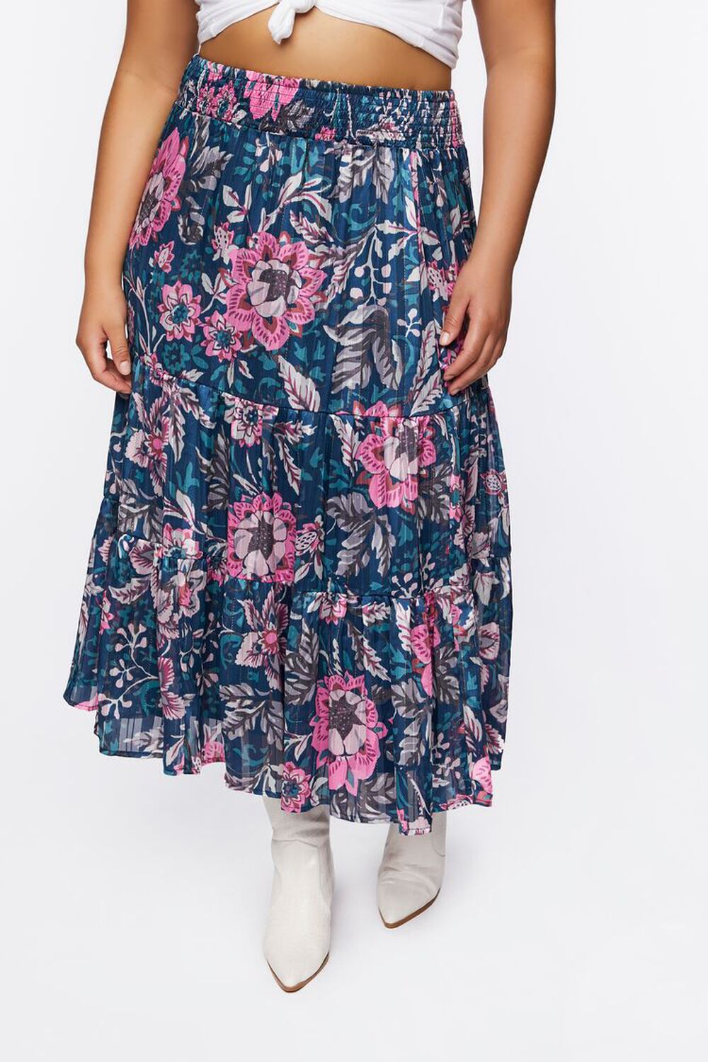 BLUE/MULTI Plus Size Floral Print Tiered Maxi Skirt, image 2