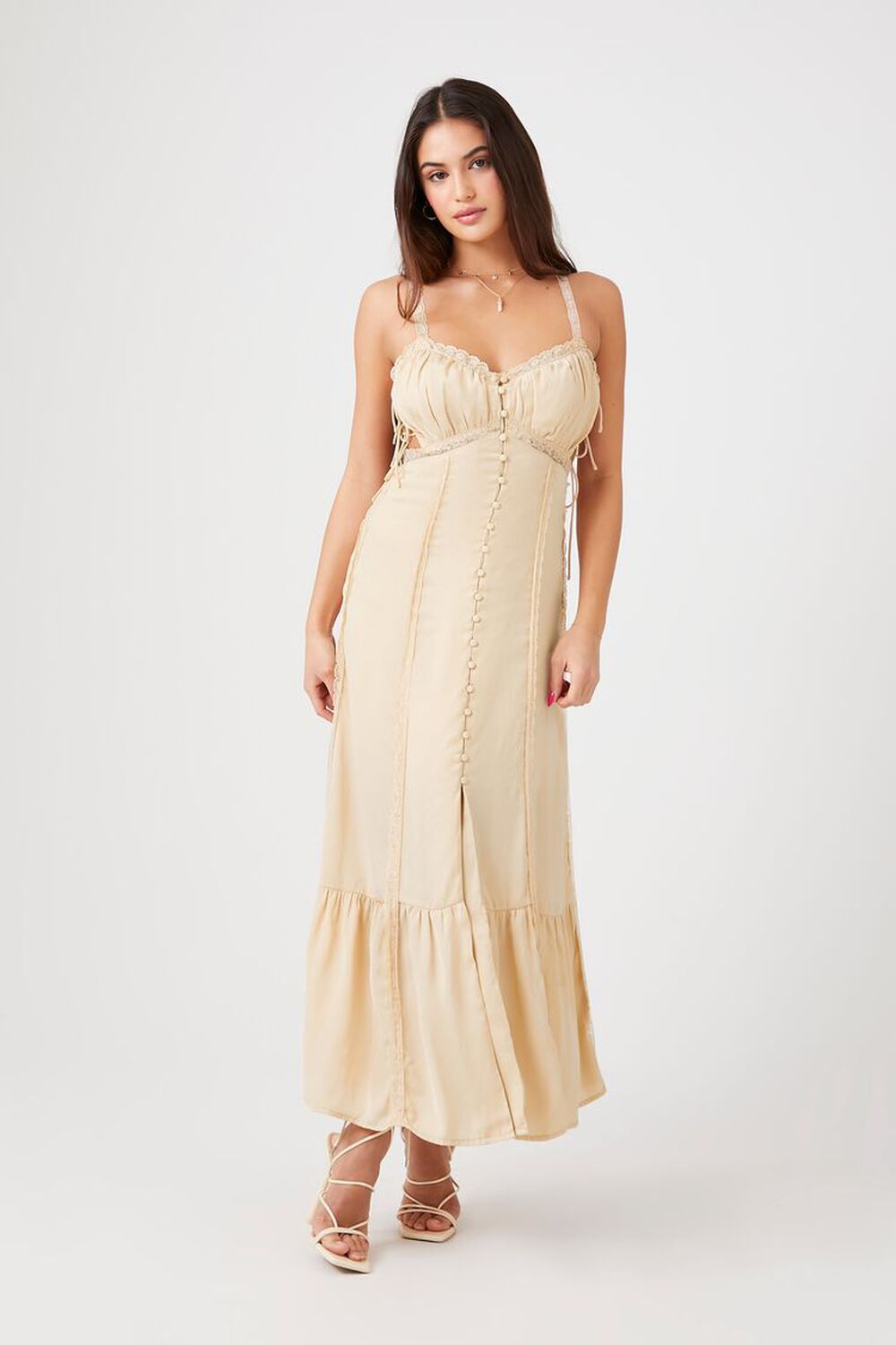 Satin Lace-Trim Cutout Midi Dress, image 1