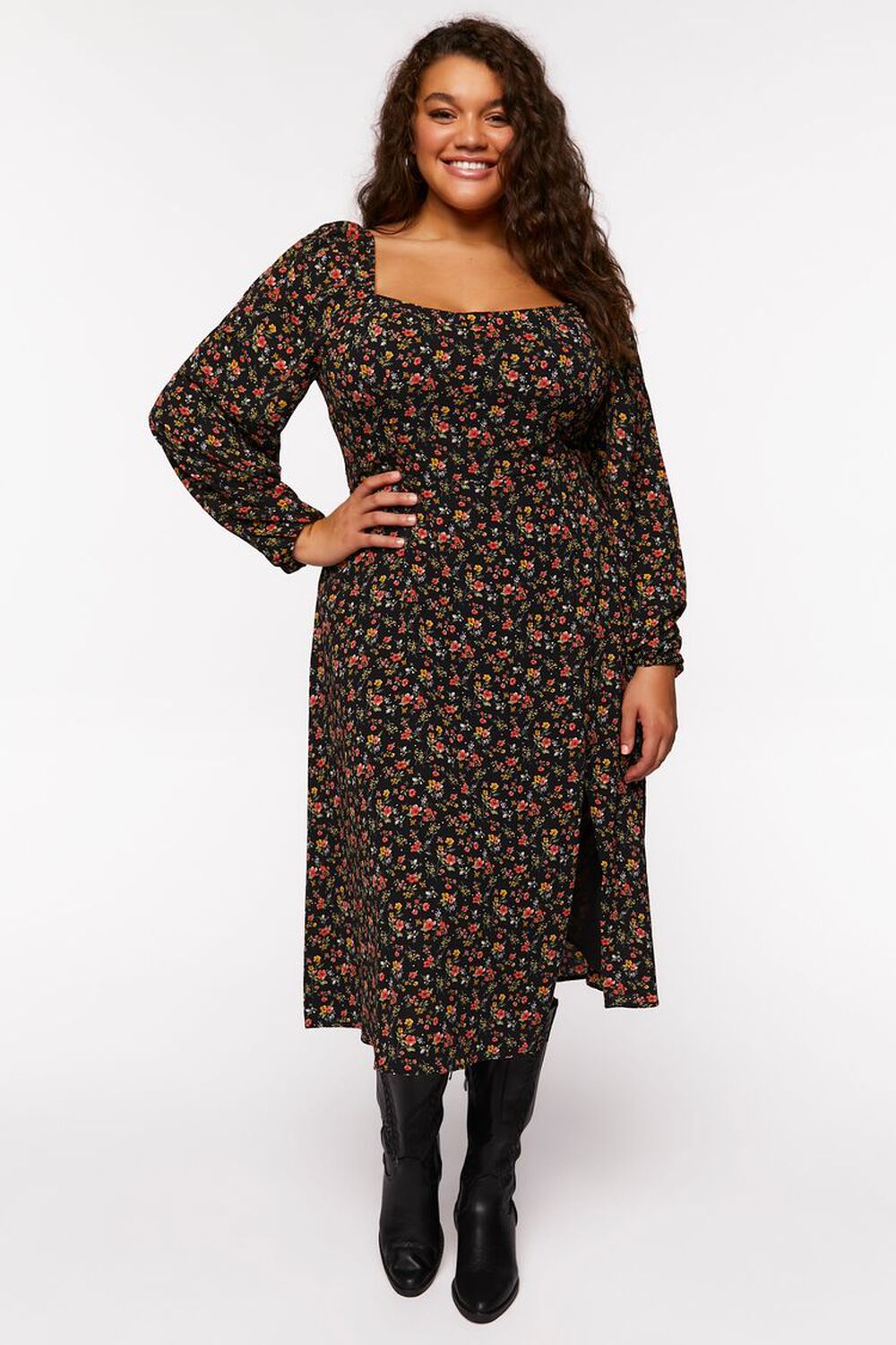 BLACK/MULTI Plus Size Ditsy Floral Midi Dress, image 1