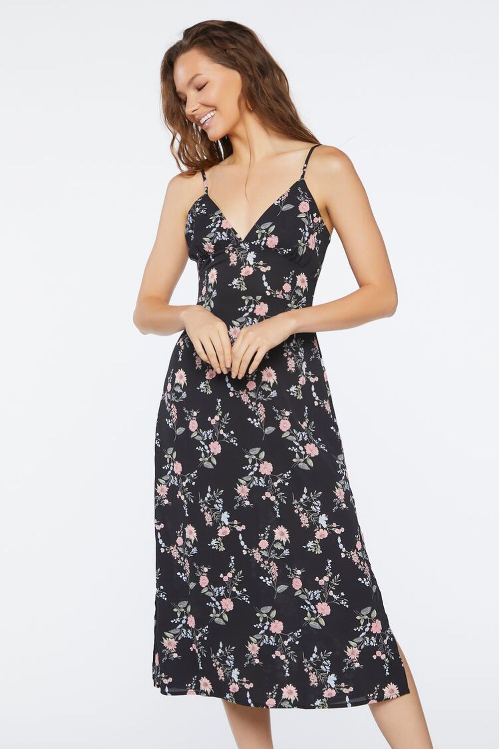 BLACK/MULTI Floral Print Midi Dress, image 1
