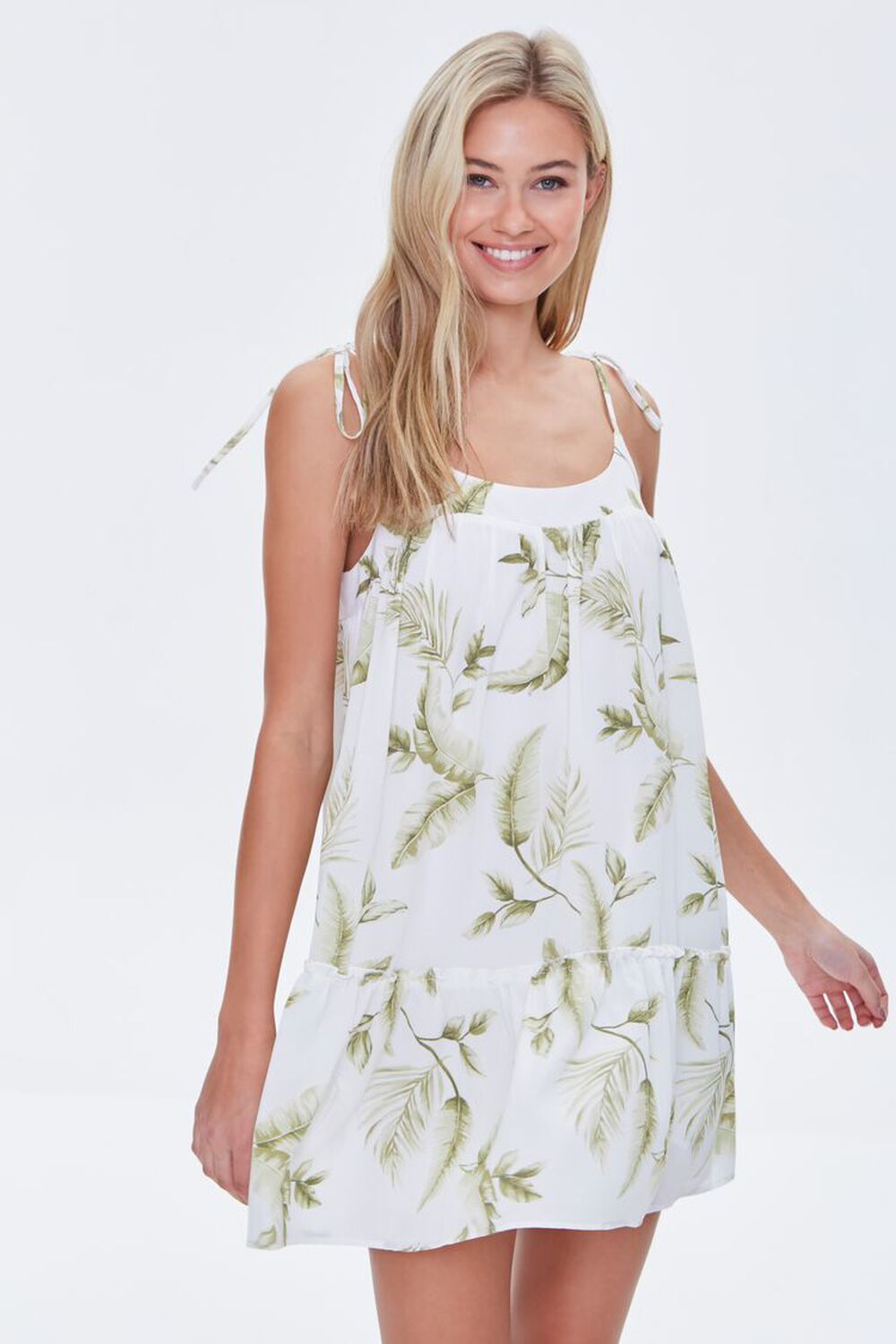 CREAM/GREEN Leaf Print Mini Dress, image 1